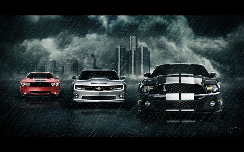 Three Muscle Cars — Black, Dramatic, Night, Digital Art, Rain