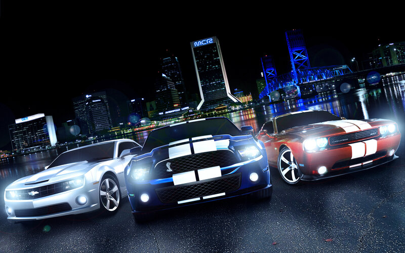 Three Muscle Cars — Black, Dramatic, Night, Digital Art