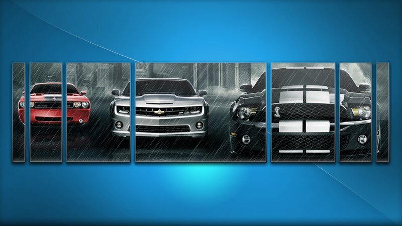 Three Muscle Cars in Rain — Blue