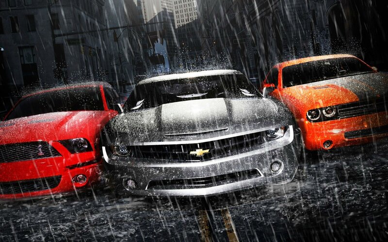 Three Muscle Cars in Rain — Red, Dramatic, Night