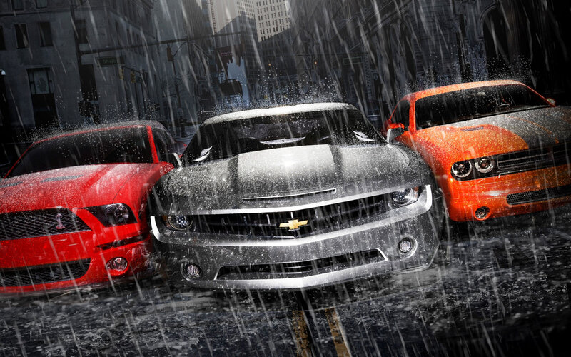 Three Muscle Cars in Rain — Red