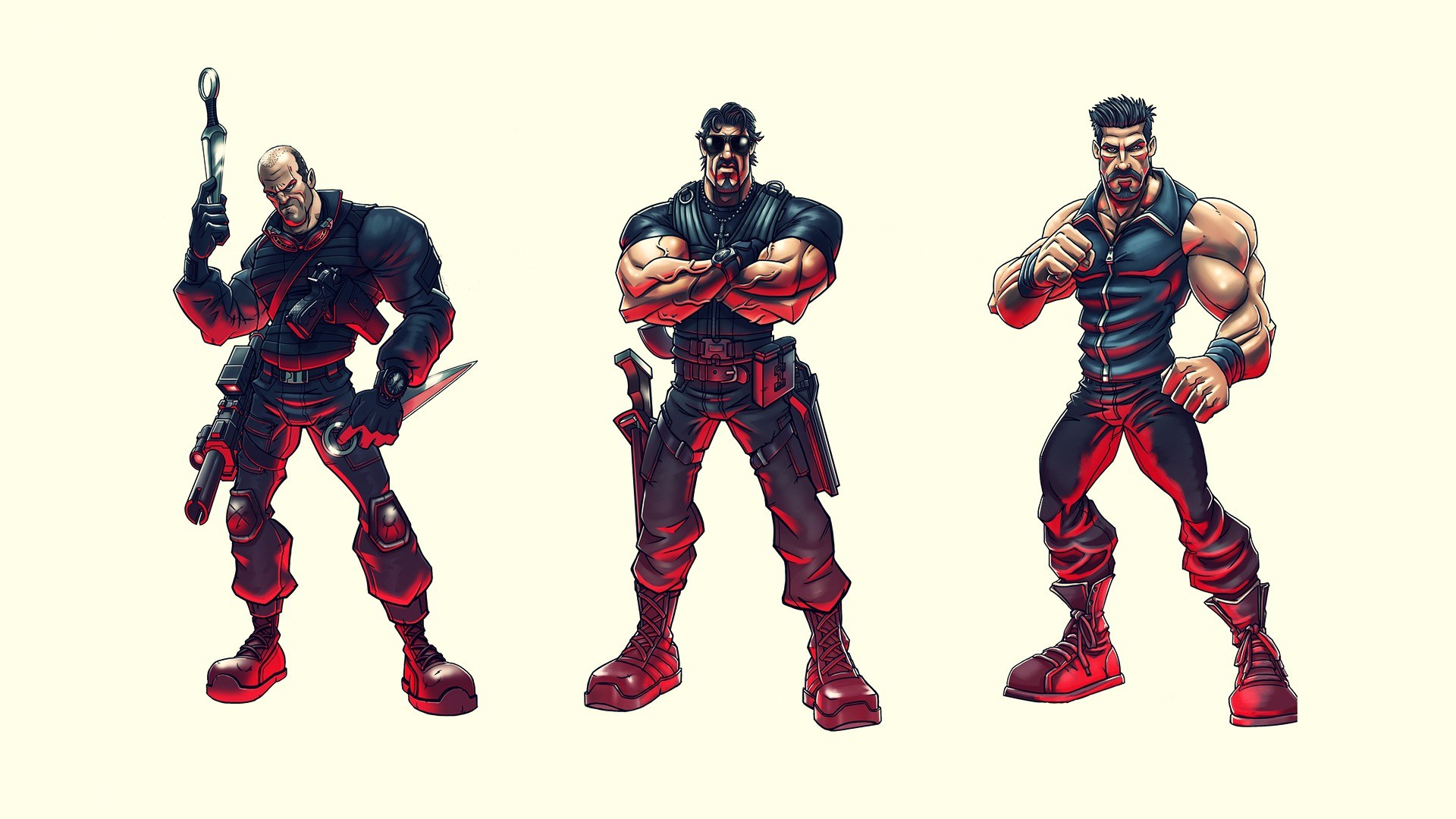 three muscular characters in red and black