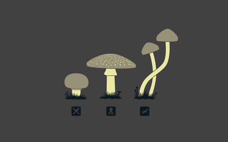 Three Mushrooms in Grass — Gray, Neutral, Illustration, Icons