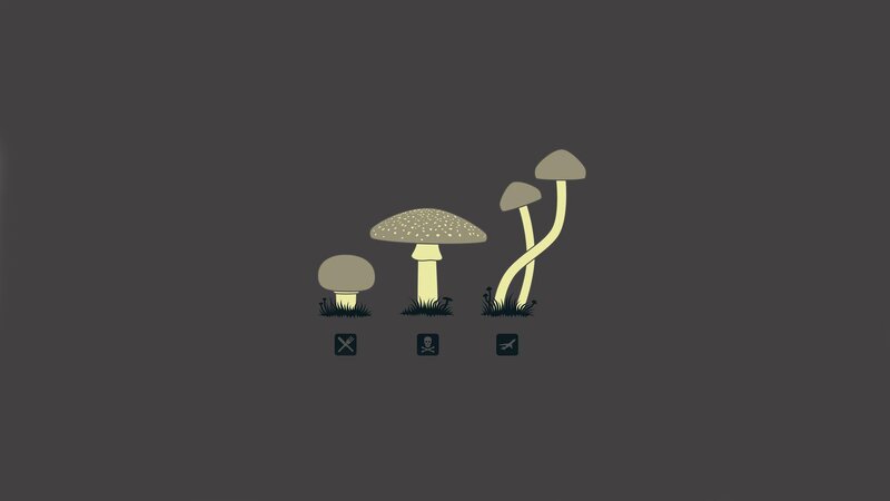 Three Mushrooms in Grass — Gray, Neutral, Illustration