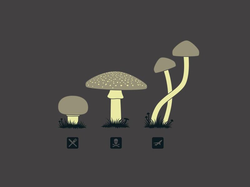 Three Mushrooms in Grass — Gray, Neutral, Vector Art