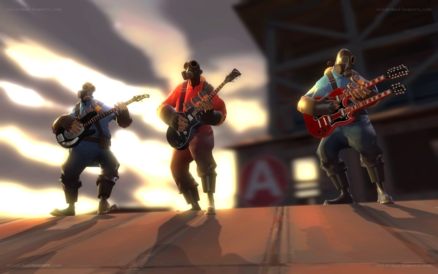 Three musicians in gas masks