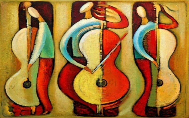 Three Musicians Playing Cellos — Red