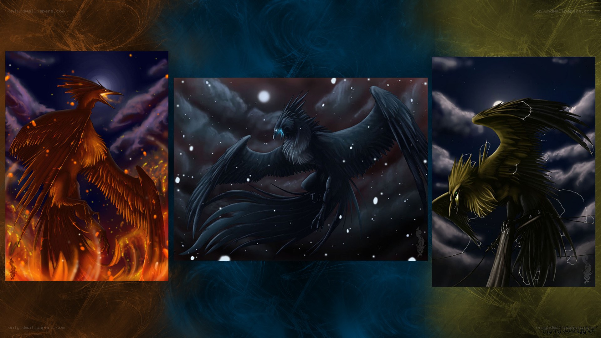 Three mythical birds in elemental realms