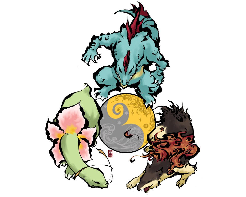 three mythical creatures with yin-yang symbol