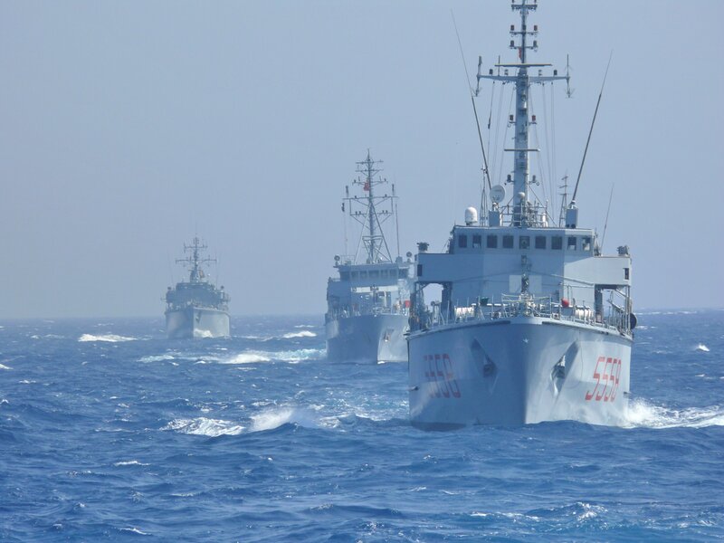 Three Naval Ships at Sea — Blue