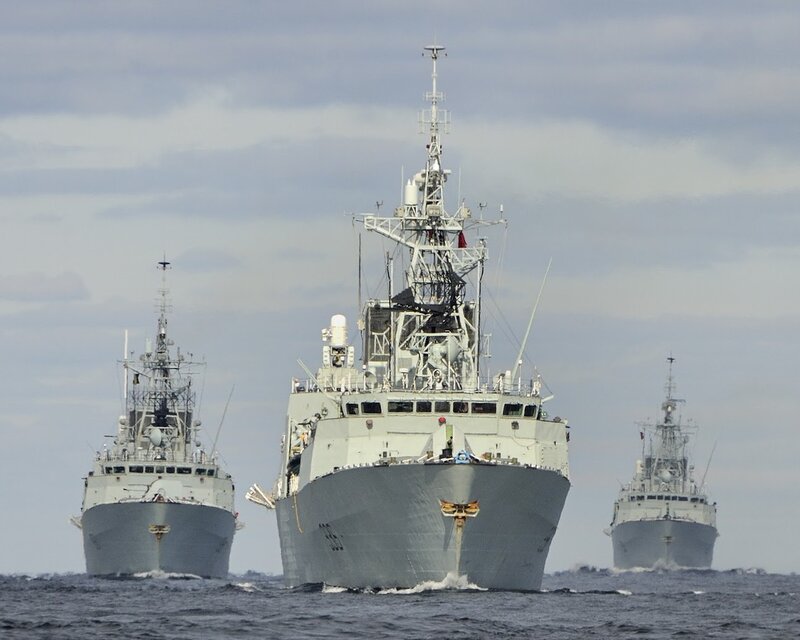 Three Naval Ships at Sea — Gray