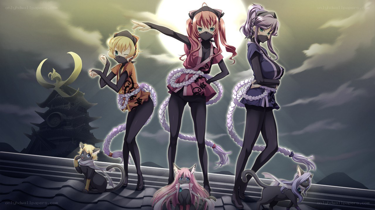three ninja girls on a rooftop