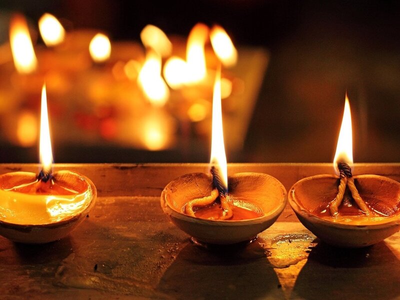 Three Oil Lamps Burning — Orange