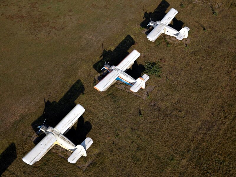 Three old planes on grass field