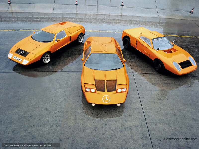 Three orange Mercedes-Benz concept cars