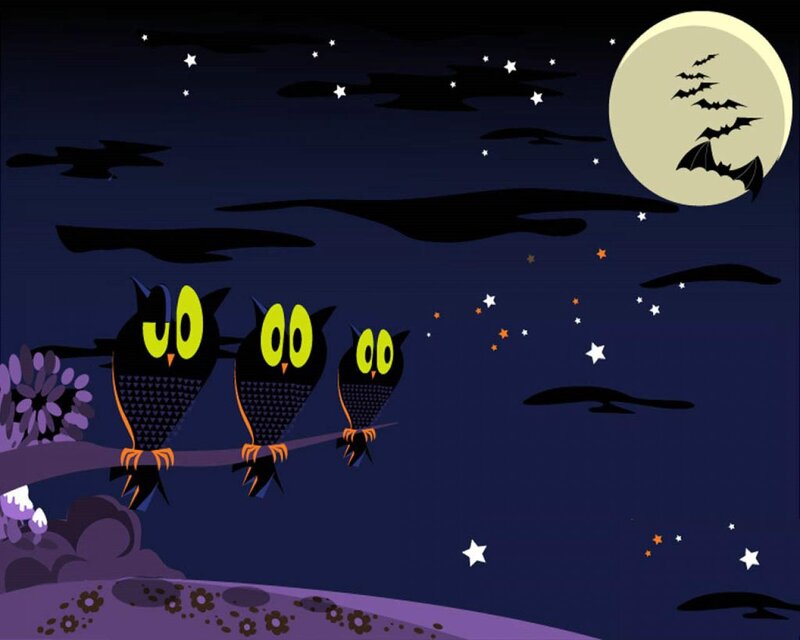 Three Owls on a Branch — Purple