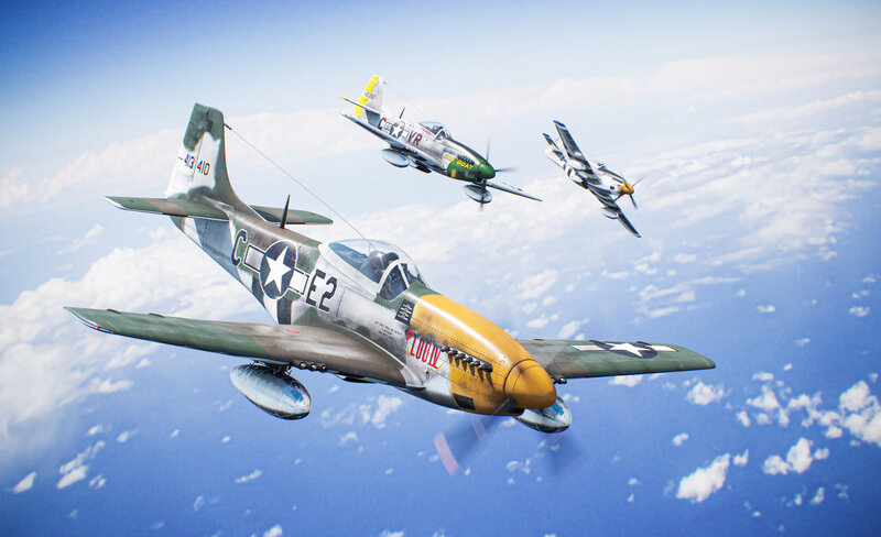 Three P-51 Mustang Planes — Blue, Dynamic