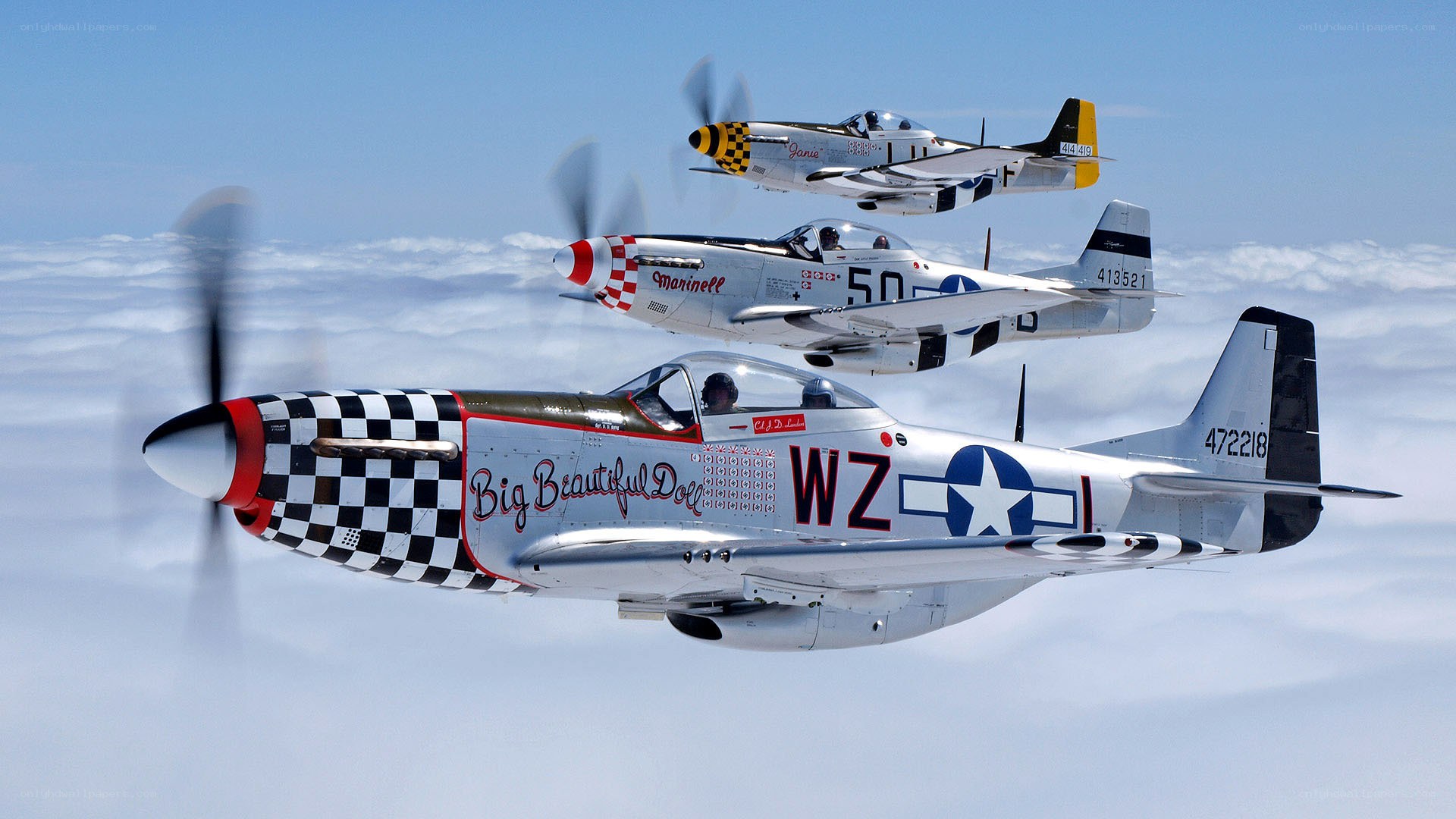 Three P-51 Mustangs in formation