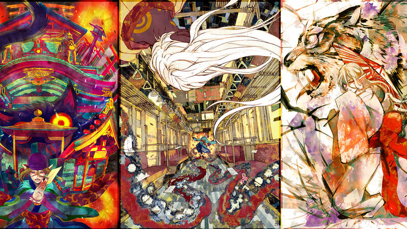 Three-panel anime artwork
