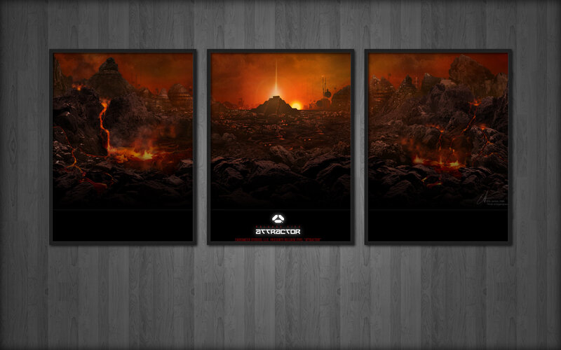 three-panel artwork of a volcanic landscape