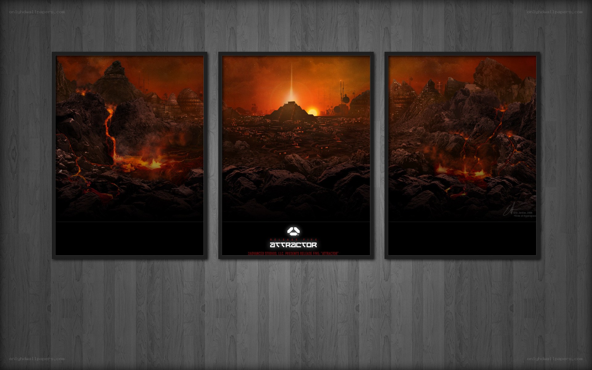 three-panel artwork of a volcanic landscape