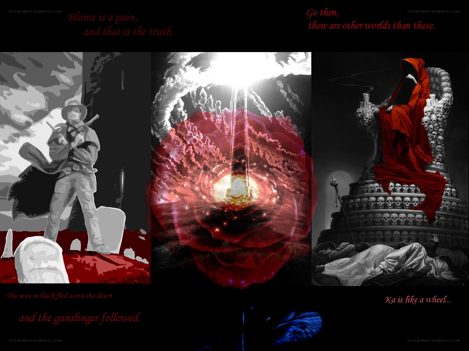 three-panel dark fantasy artwork