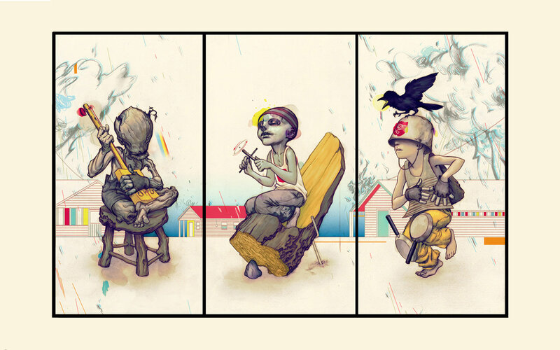 Three panels of a child musician