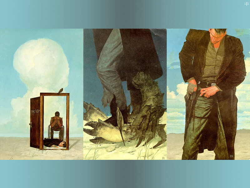 Three panels of a surreal scene