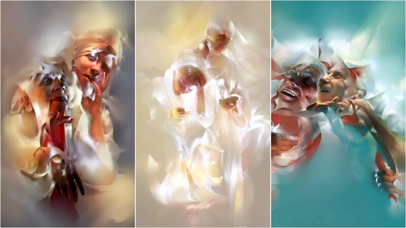 Three panels of abstract figures