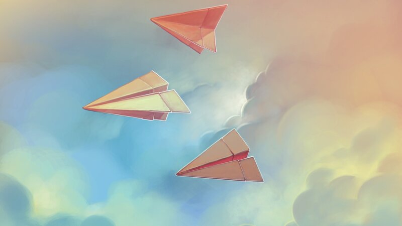 Three Paper Airplanes — Blue, Serene, Sunset, Digital Art, Clouds