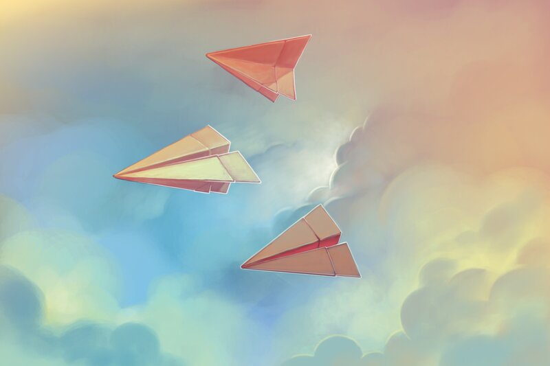 Three Paper Airplanes — Blue, Serene, Sunset