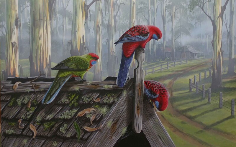 Three Parrots on a Roof