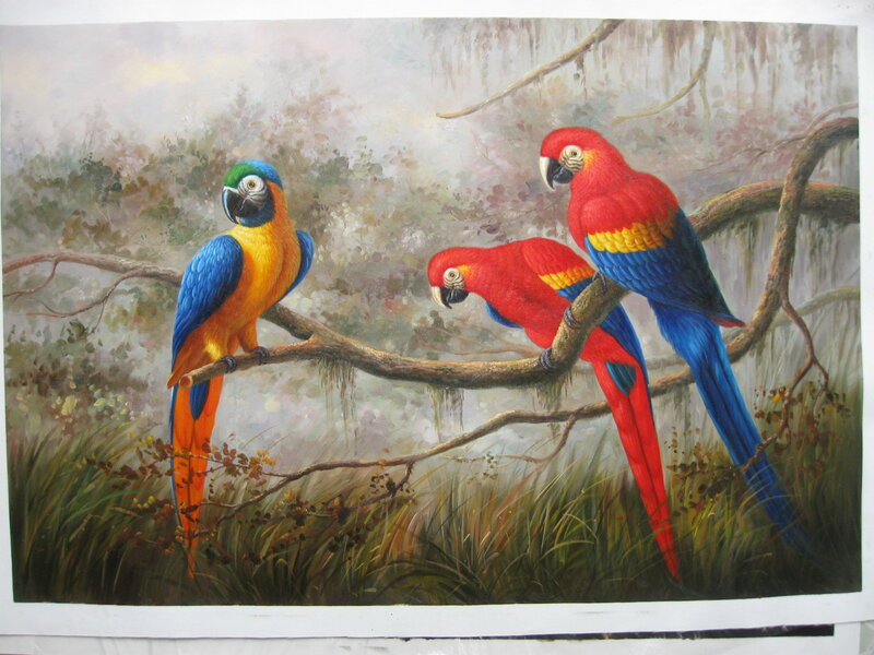 Three Parrots on Branch