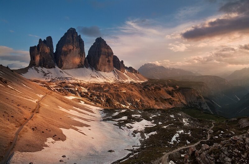 Three Peaks of Lavaredo — Blue, Dramatic, Sunset