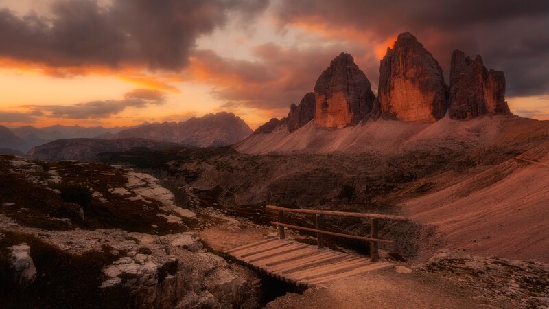 Three Peaks of Lavaredo — Orange, Dramatic, Sunset