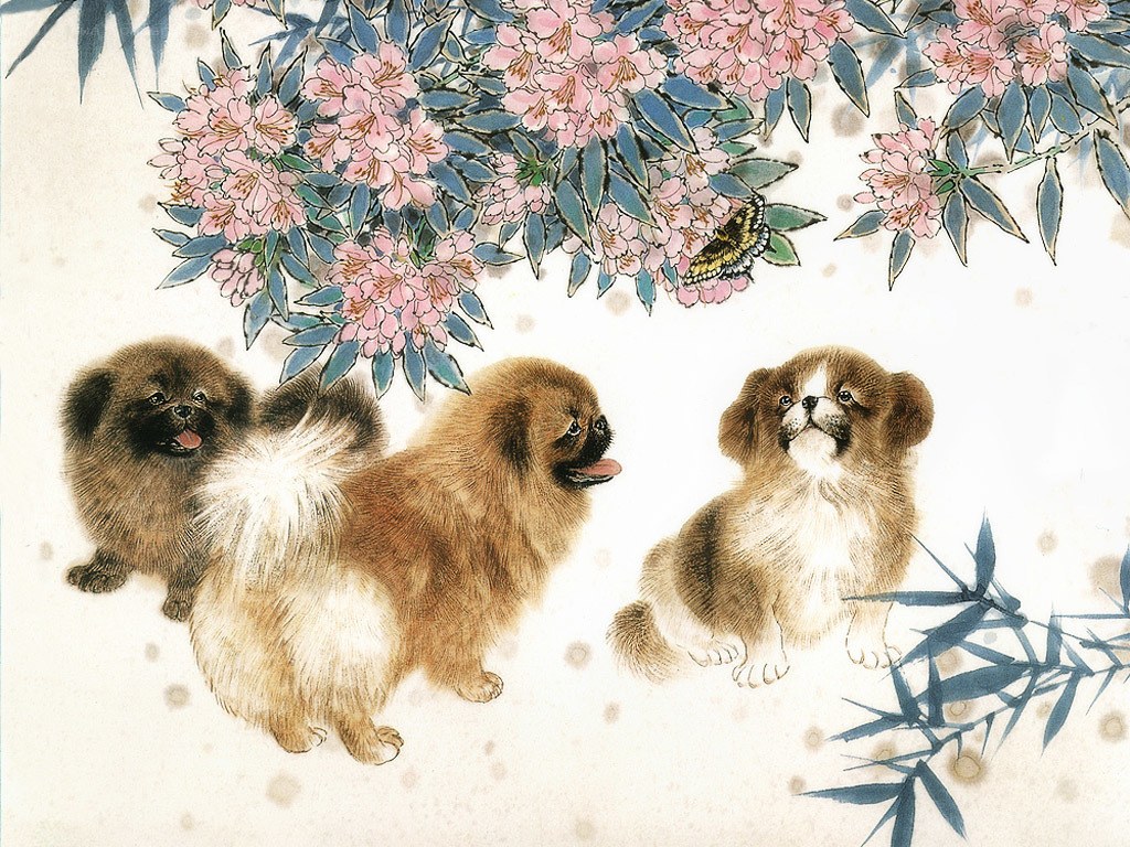 Three Pekingese dogs under flowers