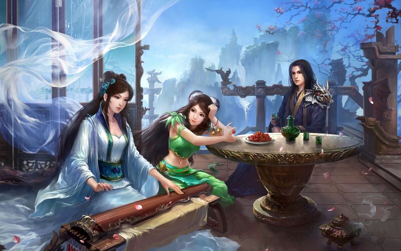 Three People at a Table — Blue, Serene, Spring, Digital Art, Sakura Trees
