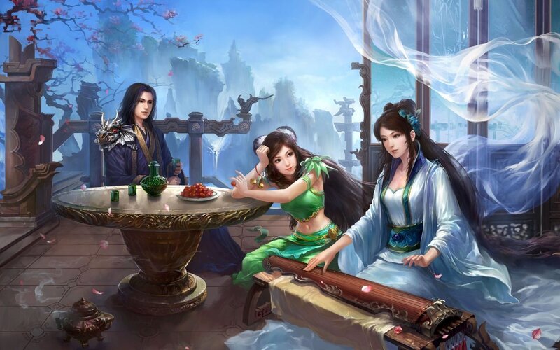 Three People at a Table — Blue, Serene, Spring