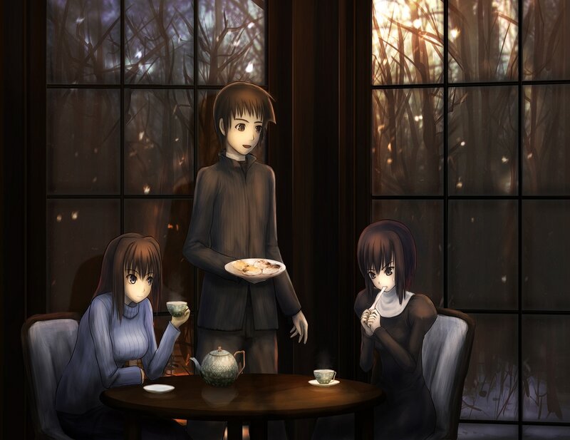 Three People at a Table — Brown, Calm