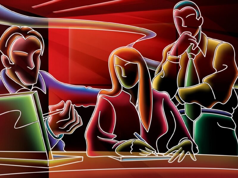 Three People at a Table — Red, Dramatic