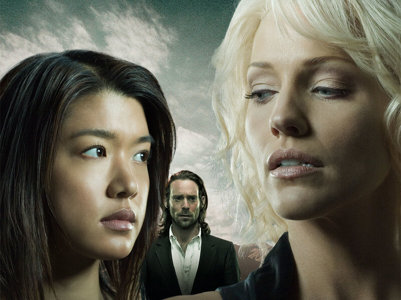 Three people in a dramatic scene