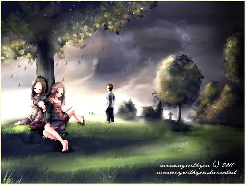 Three People in a Field — Green, Dramatic, Sunset, Digital Art