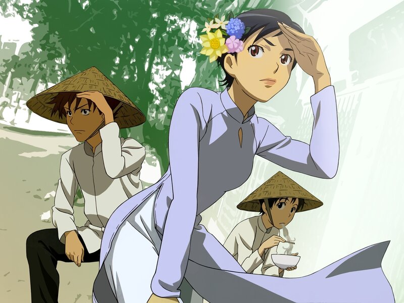 Three People in Conical Hats