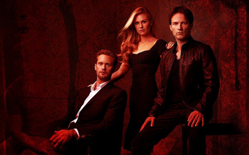 Three People in Dark Clothing — Red