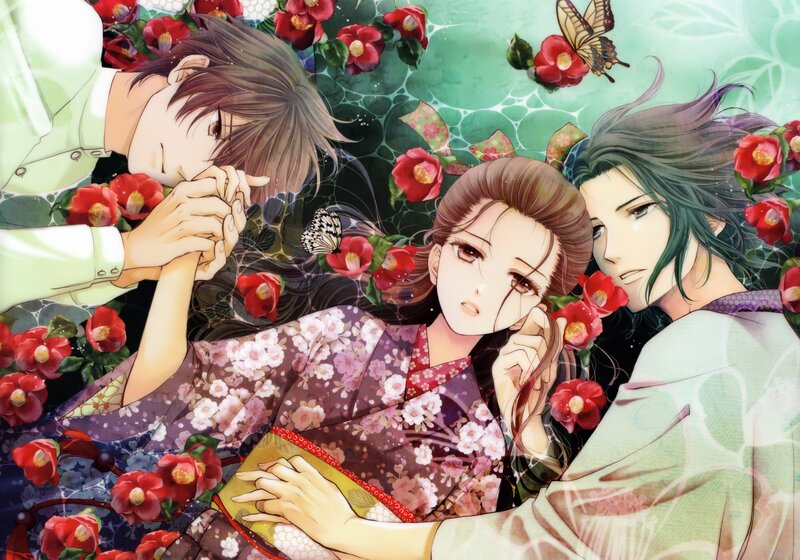 Three People in Floral Setting
