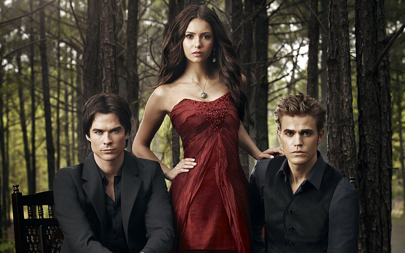 Three People in Forest — Red, Dramatic, Afternoon