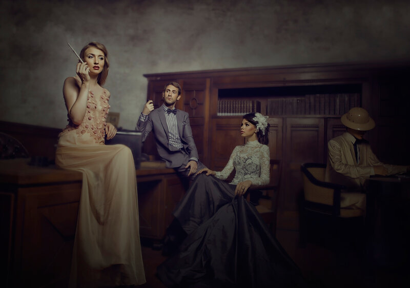 Three People in Formal Wear — Brown, Dramatic, Photograph