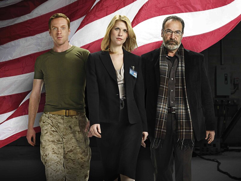 Three People in Front of Flag — Red, Serious