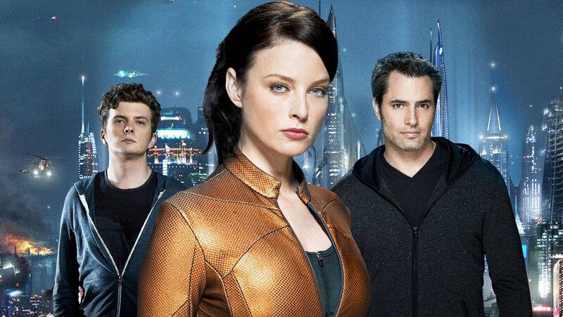 Three People in Futuristic City — Blue