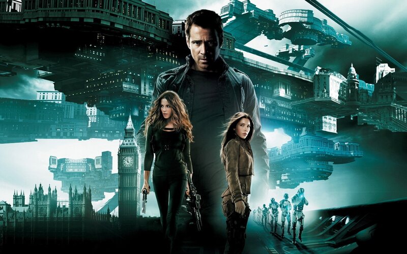 Three People in Futuristic City — Teal, Dramatic
